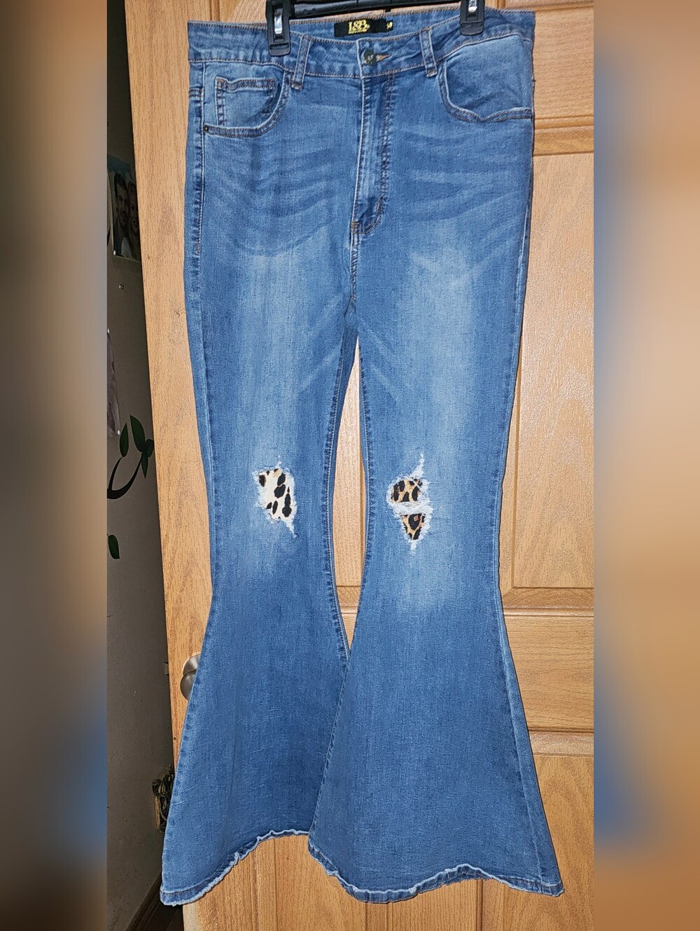 Lucky & Blessed Flare Jeans with Leopard Patch Knee Detail, Size 14